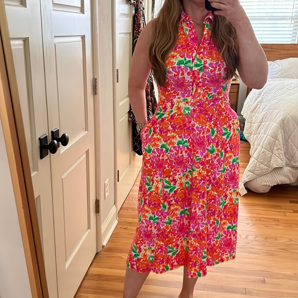 JUDE CONNALLY Floral Fuchsia Midi Dress Collar Pockets Size Small